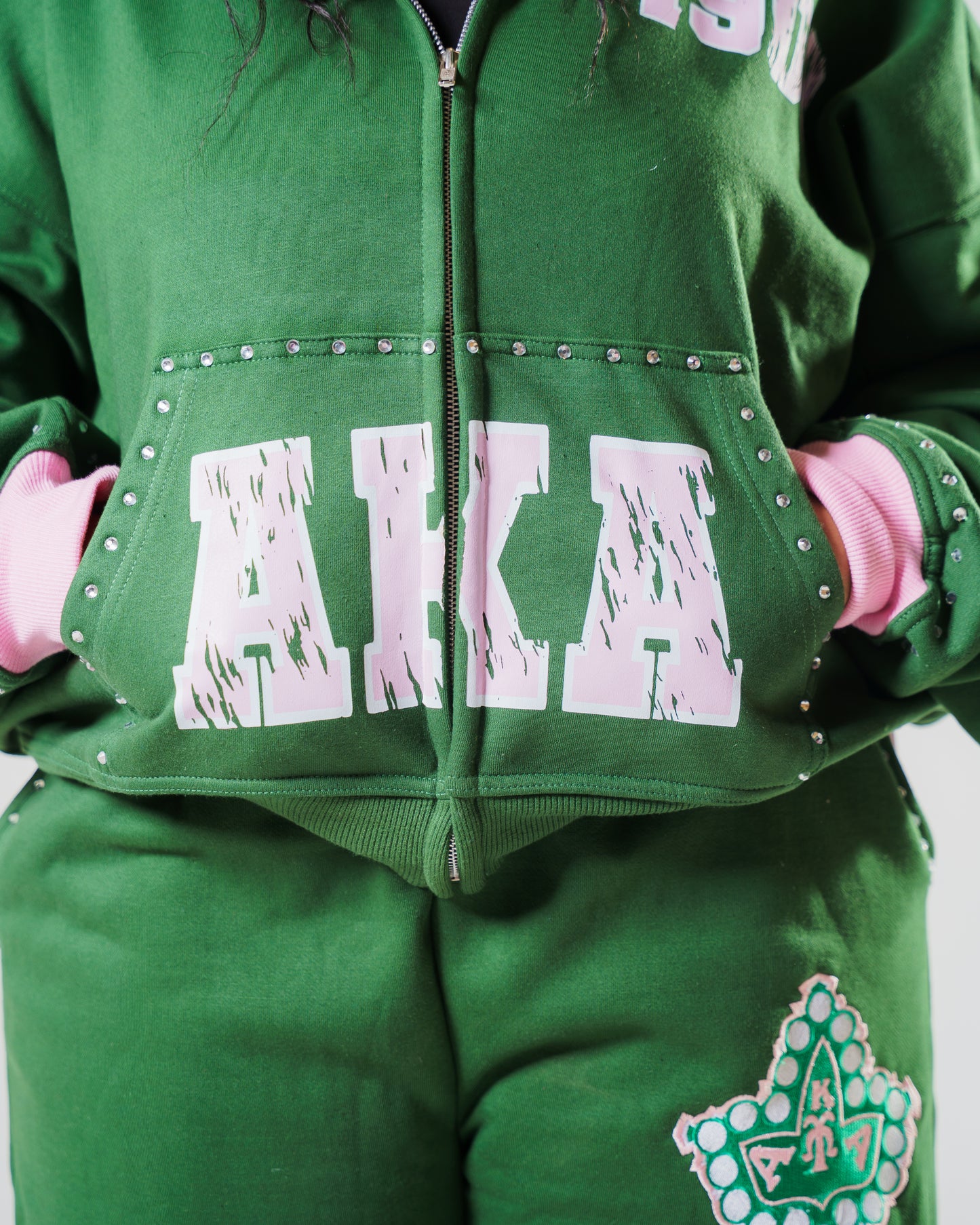 Green 1908 Rhinestone Zip Up (RESTOCK)